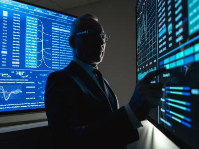 The businessman works on the big sensor display in the dark office